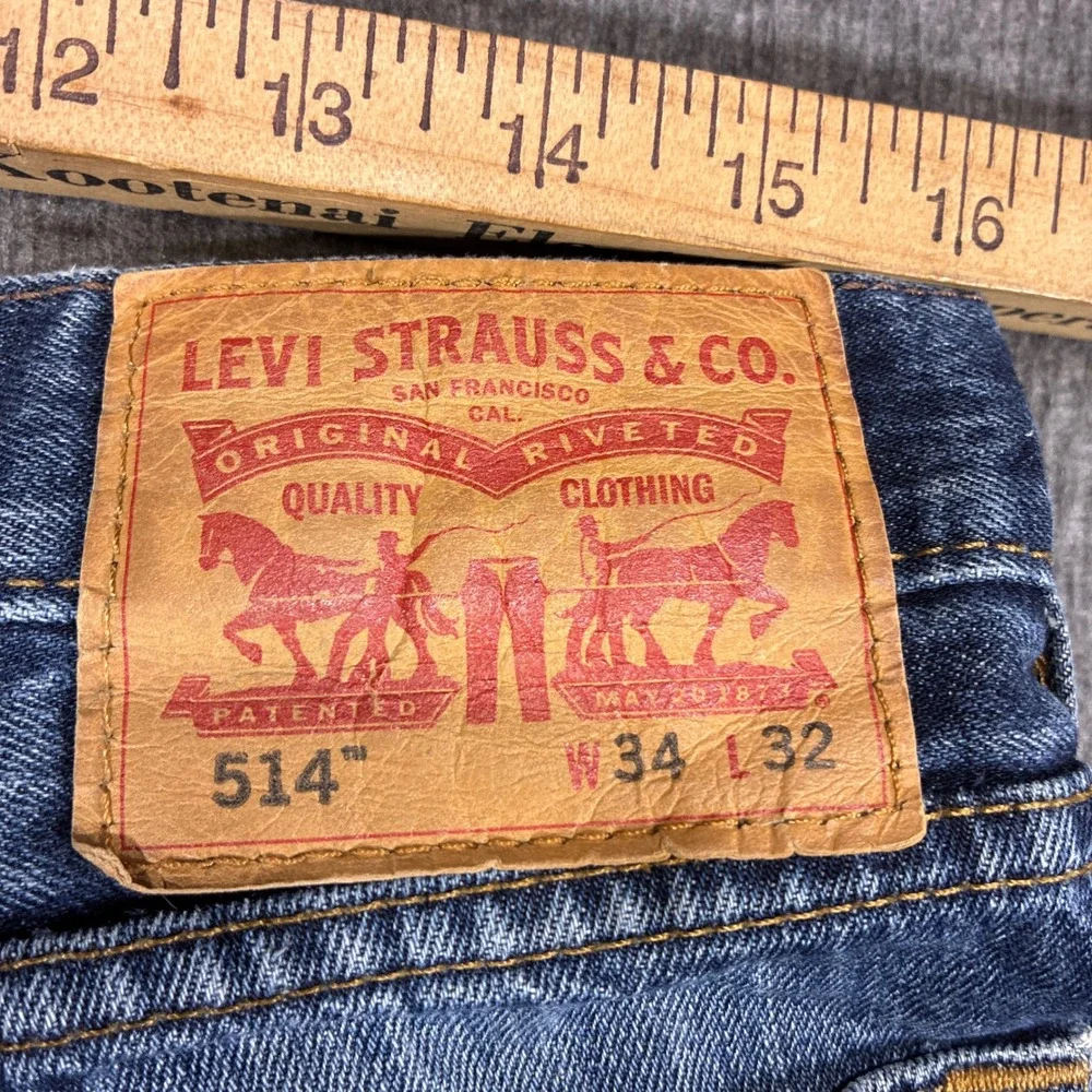 Levi's 514 Straight Leg Jeans Mens 34x32 Blue Distressed Denim